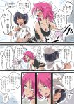  2girls aether_foundation_employee anger_vein black_hair blush cabbie_hat check_translation comic commentary_request dark_skin hat hickey long_hair multiple_girls pink_hair pokemon pokemon_(game) pokemon_sm punk_girl_(pokemon) short_hair simple_background tank_top translation_request unya white_hat yuri 