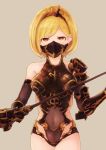  1girl blonde_hair breasts commentary covered_navel djeeta_(granblue_fantasy) granblue_fantasy hairband holding holding_sword holding_weapon leotard mask medium_breasts see-through short_hair solo sword vambraces wakaba_(945599620) weapon yellow_eyes 