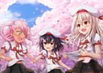  3girls :d asymmetrical_bangs bangs beret black_hair black_skirt blonde_hair blue_sky blush brown_eyes cherry_blossoms chloe_von_einzbern clenched_hand clouds commentary_request dappled_sunlight dark_skin day eyebrows_visible_through_hair fang fate/kaleid_liner_prisma_illya fate_(series) gradient_eyes grey_hat hair_between_eyes hair_ornament hair_scrunchie hairclip hand_holding hat hat_ribbon highres illyasviel_von_einzbern long_hair looking_at_another looking_away miyu_edelfelt morokoshi_(tekku) motion_blur multicolored multicolored_eyes multiple_girls navel neck_ribbon open_mouth outdoors outstretched_arm petals pink_eyes pink_hair pleated_skirt pulling red_eyes red_ribbon ribbon school_uniform scrunchie serafuku shiny shiny_hair shirt_lift short_sleeves side_ponytail skirt sky smile sunlight tree wind yellow_eyes 