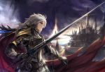  1boy armor blue_eyes breastplate cape castle eruthika fantasy faulds gauntlets grey_hair holding holding_sword holding_weapon long_hair male_focus original outdoors solo sword weapon 