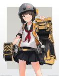  1girl astg bangs black_hair black_skirt blunt_bangs brown_eyes copyright_request cowboy_shot helmet looking_to_the_side machinery mecha_musume neckerchief original pleated_skirt school_uniform serafuku skirt 