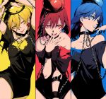 3girls bare_shoulders black_dress blonde_hair blue_eyes blue_hair bound bound_wrists breasts chains collar collarbone crescent_moon dress earrings fingernails hands_above_head heart hecatia_lapislazuli highres jewelry lipstick looking_at_viewer makeup medium_breasts medium_hair moon multiple_girls red_eyes redhead shirt shirt_pull smile star t-shirt tongue tongue_out touhou uu_uu_zan winking wristband yellow_eyes 