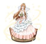 1girl :d asuna_(sao) blush bouquet bridal_veil brown_eyes brown_hair choker collarbone diadem dress elbow_gloves flower full_body gloves head_tilt holding holding_bouquet long_hair looking_at_viewer open_mouth simple_background skirt_hold sleeveless sleeveless_dress smile solo standing strapless strapless_dress sword_art_online veil very_long_hair wedding_dress white_background white_dress white_gloves 