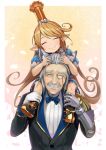  1boy 1girl ^_^ animal_ears black_boots blonde_hair blue_bow blush boots bow bowtie charlotta_(granblue_fantasy) closed_eyes commentary_request crown facial_hair gauntlets granblue_fantasy hinami_(hinatamizu) long_hair monocle mustache pointy_ears sevastian_(granblue_fantasy) silver_hair sitting_on_shoulder smile very_long_hair 