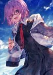  1girl :d benitama black-framed_eyewear black_dress blue_sky blush day dress fate/grand_order fate_(series) hair_over_one_eye hood hood_down hooded_jacket jacket long_sleeves looking_at_viewer necktie open_clothes open_jacket open_mouth outdoors pink_hair red_necktie round_teeth shielder_(fate/grand_order) short_hair sky smile solo tareme teeth upper_body violet_eyes white_jacket 