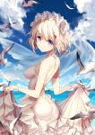  1girl bird bison_cangshu blonde_hair blush breasts bridal_veil bride character_request eyebrows_visible_through_hair hair_ornament hairclip large_breasts looking_at_viewer seagull short_hair smile solo veil violet_eyes zhan_jian_shao_nyu 