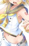  1girl armpits bare_shoulders blonde_hair blush collarbone daidou_(demitasse) head_out_of_frame headphones highres kagamine_rin nail_polish navel open_mouth sailor_collar shirt short_hair shorts simple_background sleeveless sleeveless_shirt smile solo stomach vocaloid white_background 