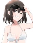  10s 1girl ;d arm_up bikini_top breasts brown_eyes brown_hair front-tie_bikini front-tie_top grin hair_between_eyes ica kantai_collection looking_away medium_breasts medium_hair one_eye_closed open_mouth sendai_(kantai_collection) simple_background smile solo sunglasses sunglasses_on_head two_side_up upper_body white_background white_bikini_top 