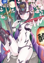  1girl alcohol ankle_ribbon armpits bangs bare_shoulders barefoot barefoot_sandals blurry blush branch breasts cherry_blossoms collarbone commentary_request cup depth_of_field eyebrows_visible_through_hair eyeshadow fang fate/grand_order fate_(series) fingernails forehead_jewel full_moon gem green_sky grin hair_between_eyes hand_up highres hinata_kokage holding horns japanese_clothes kimono knee_pads knee_up lantern long_sleeves looking_at_viewer makeup moon navel off_shoulder oni oni_horns outstretched_arm petals planted_sword planted_weapon purple_hair purple_kimono reaching_out red_ribbon revealing_clothes ribbon rock sakazuki sake sapphire_(stone) sharp_fingernails shiny shiny_hair short_hair shuten_douji_(fate/grand_order) sitting small_breasts smile solo spikes stomach sword thick_eyebrows toenails violet_eyes weapon white_skin 