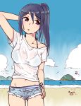  1girl aircraft beach bikini blue_hair breasts clouds cloudy_sky cowboy_shot crab denim denim_shorts eyebrows_visible_through_hair halterneck hand_behind_head hand_on_hip helicopter island kamui87 love_live! love_live!_sunshine!! matsuura_kanan midriff navel ocean parted_lips sand see-through shark_fin shirt short_shorts short_sleeves shorts side_ponytail sky solo swimsuit swimsuit_under_clothes t-shirt thigh_gap violet_eyes white_shirt 