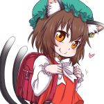  1girl animal_ears backpack bag bow brown_hair cat_ears cat_tail chen earrings fang hanya_(hanya_yashiki) hat heart jewelry looking_at_viewer multiple_tails nekomata orange_eyes randoseru short_hair smile solo tail touhou 