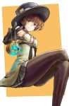  1girl brown_eyes brown_hair chains dress elbow_gloves gloves glowing hat jack-o&#039;-lantern kurio legs_crossed looking_at_viewer original pantyhose pleated_skirt simple_background sitting skirt solo striped striped_legwear underbust 