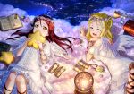  2girls angel angel_wings artist_request bare_shoulders blonde_hair book closed_eyes clouds crystal_ball dress flower frills head_wreath long_hair looking_at_another looking_to_the_side love_live! love_live!_school_idol_festival love_live!_sunshine!! lying multiple_girls off_shoulder official_art ohara_mari on_back on_stomach open_mouth orange_eyes purple_rose redhead rose sakurauchi_riko sandals short_hair smile star stuffed_toy wings 