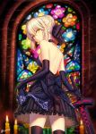  1girl back bare_shoulders black_bow black_choker black_dress black_gloves blonde_hair bow breasts briska candle choker church_interior closed_mouth cowboy_shot dark_excalibur dress elbow_gloves expressionless fate/stay_night fate_(series) fire flame from_behind gloves hair_between_eyes hair_bow hair_bun holding holding_sword holding_weapon indoors light_particles looking_back medium_breasts saber saber_alter short_hair sideboob signature solo stained_glass standing sword thigh-highs unsheathed weapon yellow_eyes zettai_ryouiki 