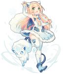  1girl :d alola_form alolan_vulpix animal_ears arm_up armpits bangs bare_shoulders blonde_hair blue_bow blue_bowtie blue_dress blue_eyes blunt_bangs blush boots bow bowtie braid breasts center_opening cross-laced_footwear detached_sleeves dress fake_animal_ears fox_ears fox_tail full_body fur_trim green_eyes hairband knee_boots lace-up_boots lillie_(pokemon) long_hair long_sleeves looking_at_viewer one_leg_raised open_mouth pokemon pokemon_(anime) pokemon_(creature) pokemon_sm_(anime) running small_breasts smile straight_hair tail thigh-highs twin_braids under_boob utm very_long_hair waving white_boots white_hairband white_legwear zettai_ryouiki 