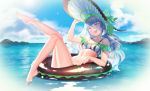  1girl adjusting_clothes adjusting_hat bangs bikini blue_hair blunt_bangs blush breasts brown_eyes clouds day fiodo frilled_bikini frilled_hat frills hat highres horizon innertube long_hair looking_at_viewer medium_breasts ocean open_mouth original polka_dot sitting sky smile solo swimsuit wavy_hair 