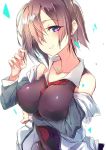  1girl bare_shoulders collarbone fate/grand_order fate_(series) hair_over_one_eye impossible_clothes jacket minoinomi necktie purple_hair shielder_(fate/grand_order) solo violet_eyes 