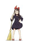  1girl blush bow broom brown_hair cosplay dress full_body hair_bow highres kagari_atsuko kiki kiki_(cosplay) little_witch_academia looking_at_viewer majo_no_takkyuubin red_bow red_eyes seren_lwa sidelocks smile solo witch 