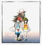  1boy 2girls backpack bag black_hair blue_(pokemon) braid bucket_hat female_protagonist_(pokemon_ultra_sm) hair_flaps hand_holding hat legwear_under_shorts long_hair male_protagonist_(pokemon_ultra_sm) multiple_girls pokemon pokemon_ultra_sm short_hair shorts sun_hat tank_top twin_braids white_shorts 