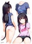 1girl animal_ears artist_name ass black_hair blue_shirt blue_t-shirt breasts cat_ears cat_girl cat_tail collarbone deru06 from_behind koe_no_katachi leaning_back long_hair looking_at_viewer multiple_views panties pink_panties pink_shirt pink_t-shirt purple_t-shirt shirt short_shorts shorts simple_background sitting small_breasts t-shirt tail ueno_naoka underwear violet_eyes white_background