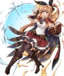  1girl bangs black_bow black_gloves black_legwear blonde_hair book boots bow capelet clarisse_(granblue_fantasy) eruthika full_body gloves granblue_fantasy green_eyes hair_bow hand_up high_heel_boots high_heels highres holding holding_book knee_boots knees_together_feet_apart long_hair looking_at_viewer open_book open_mouth red_skirt ribbed_sweater sidelocks skirt sleeveless smile solo sweater test_tube thigh-highs transparent_background 