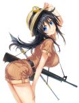  1girl adjusting_clothes adjusting_hat arched_back arm_up ass belt bent_over black_hair blue_eyes blush breasts bucket_hat closed_mouth commentary_request cowboy_shot eyebrows_visible_through_hair from_side glint gun hair_between_eyes hand_on_headwear hand_on_own_thigh hat highres hisashi_(nekoman) looking_at_viewer looking_to_the_side medium_breasts netoge_no_yome_wa_onna_no_ko_janai_to_omotta? over_shoulder polearm rifle shirt short_sleeves shorts simple_background spear standing striped striped_shirt tamaki_ako tareme thighs uniform vertical-striped_shirt vertical-striped_shorts vertical_stripes weapon white_background 