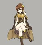  1girl asutarou bare_shoulders boots breastplate brown_eyes brown_hair cape dyute_(fire_emblem) fang fire_emblem fire_emblem_echoes:_mou_hitori_no_eiyuuou grey_background legs_crossed long_hair open_mouth simple_background sitting solo 