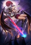  1girl armor armored_boots babydoll bangs bare_shoulders black_boots black_gloves boots breasts chemise dark_jeanne eruthika gloves granblue_fantasy grey_hair hand_up highres holding holding_sword holding_weapon jeanne_d&#039;arc_(granblue_fantasy) knee_boots long_hair medium_breasts parted_lips purple_skirt red_eyes single_glove single_vambrace skirt solo sword vambraces very_long_hair weapon wings 