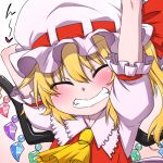  1girl ^_^ arm_behind_head arm_up blonde_hair bow close-up closed_eyes flandre_scarlet grin hanya_(hanya_yashiki) hat hat_bow heart long_hair side_ponytail smile solo stretch touhou wings 