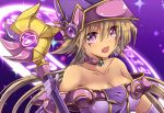  1girl alternate_costume apprentice_illusion_magician bare_shoulders blonde_hair breasts cleavage dark_magician_girl dark_skin duel_monster earrings gloves hat jewelry jyon104 large_breasts long_hair magic_circle open_mouth purple_gloves staff violet_eyes wizard_hat yu-gi-oh! 