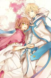  1boy 1girl :d antenna_hair blonde_hair blue_eyes blue_ribbon brown_hair cape dress eyebrows_visible_through_hair fay_d_flourite green_eyes hair_ribbon hairband hand_holding highres hutuumikan long_dress long_hair looking_at_viewer one_leg_raised open_mouth pants pink_hairband ribbon sakura_hime smile tsubasa_chronicle white_dress white_pants 