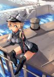  10s 2girls bismarck_(kantai_collection) black_legwear blonde_hair blue_eyes breasts dock food fu-ta gloves hand_rest hat kantai_collection long_hair looking_at_viewer medium_breasts military military_hat military_uniform multiple_girls popsicle prinz_eugen_(kantai_collection) sitting skirt solo_focus standing thigh-highs uniform white_gloves 