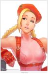  1girl ahoge alternate_color beret breasts cammy_white fingerless_gloves gloves harness hat huge_ahoge leotard lips lipstick looking_to_the_side makeup medium_breasts nose omar_dogan parted_lips pink ribbed_leotard scar solo street_fighter street_fighter_v street_fighter_zero_(series) 