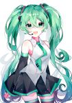  1girl cowboy_shot detached_sleeves green_eyes green_hair hatsune_miku headset highres long_hair looking_at_viewer nail_polish necktie open_mouth patzzi skirt solo thigh-highs twintails very_long_hair vocaloid white_background 