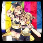  1boy 1girl ;d belt black_bow black_bra black_legwear black_shorts blonde_hair blue_eyes bow bra breasts brother_and_sister cleavage collarbone grin hair_between_eyes hair_bow hair_ornament headphones index_finger_raised kagamine_len kagamine_rin looking_at_viewer midriff nail_polish navel one_eye_closed open_mouth shiny shiny_skin shiomizu_(swat) short_hair short_shorts shorts siblings small_breasts smile stomach thigh-highs thunder_hair_ornament twins underwear unzipped vocaloid wrist_cuffs yellow_nails 