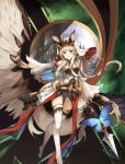  1girl bangs blue_eyes breasts butterfly_wings dress eruthika fantasy highres holding holding_spear holding_weapon long_hair looking_at_viewer mirror navel original outstretched_arm parted_lips polearm small_breasts smile solo spear thigh-highs veil weapon white_dress white_hair white_legwear wings 