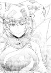  1girl bangs breasts closed_mouth eyebrows_visible_through_hair eyelashes fox_tail greyscale hair_between_eyes hat large_breasts looking_at_viewer monochrome multiple_tails nathaniel_pennel short_hair simple_background solo tail touhou upper_body white_background yakumo_ran 