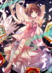  1girl absurdres blush brown_hair card_captor_sakura dress fuuin_no_tsue gloves green_eyes highres kero kinomoto_sakura looking_at_viewer magical_girl open_mouth short_hair sora_(zwz030) wand wings 