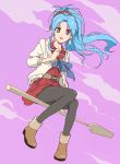  1girl alternate_costume black_legwear blue_hair blush botan_(yuu_yuu_hakusho) broom broom_riding cardigan collared_shirt full_body highres himerinco looking_at_viewer ponytail scrunchie shirt sky solo violet_eyes yuu_yuu_hakusho 