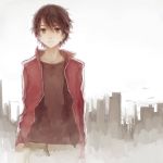  1boy black_hair commentary_request crimsonseed expressionless jacket kagerou_project kisaragi_shintarou male_focus red_jacket skyline solo track_jacket 