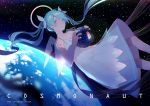  1girl absurdres blue_eyes blue_hair breasts collarbone dress floating_hair hair_ribbon hatsune_miku highres holding long_hair parted_lips ribbon ryuutsuki_basetsu sky sleeveless sleeveless_dress small_breasts solo space star_(sky) starry_sky tattoo transparent_wings twintails very_long_hair vocaloid white_dress white_ribbon 