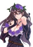  1girl bare_shoulders belt black_gloves breasts brown_hair cleavage dress flower gloves granblue_fantasy hair_flower hair_ornament hand_on_own_face jewelry large_breasts long_hair looking_at_viewer necklace rosetta_(granblue_fantasy) ruby_(stone) smile solo violet_eyes white_background yamaishi_(mukoubuti) 