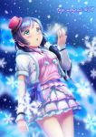  1girl b.ren breath character_name commentary detached_sleeves dress fur_trim green_eyes hair_over_shoulder hand_up hat long_hair love_live! love_live!_school_idol_project low-tied_long_hair mini_hat pom_pom_(clothes) purple_hair scrunchie skirt snow_halation snowflakes snowing toujou_nozomi white_dress 