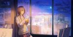  1girl arsenixc brown_hair building canvas_(object) cityscape clouds cup easel frost frown full_moon highres long_hair looking_away messy_hair moon mug night night_sky original painting_(object) pink_eyes ponytail red_eyes reflection revision shadow skirt sky snow snowing solo steam tea teacup window window_frost winter 