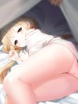  1girl ass bangs bed_sheet blonde_hair blurry blush brown_eyes closed_mouth depth_of_field eyebrows_visible_through_hair foreshortening from_behind furururu futaba_anzu hair_tie idolmaster idolmaster_cinderella_girls indoors long_hair looking_at_viewer low_twintails lying off_shoulder on_side oversized_clothes oversized_shirt panties pink_panties pov pov_hands shirt sleepy solo_focus t-shirt thighs twintails under_covers underwear white_shirt 