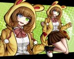  1girl animal_hood blue_eyes brown_hair brown_skirt bunny_hood dangan_ronpa dangan_ronpa_3 flipped_hair green_eyes heterochromia hood jumping komatsuzaki_rui_(style) kurokku-tokei long_hair loose_socks open_mouth pleated_skirt skirt slippers smile socks solo umesawa_aiko zoom_layer 