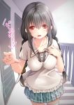  1girl absurdres bag between_breasts black_hair blush braid breasts creek_(moon-sky) highres long_hair looking_at_viewer medium_breasts open_mouth original pointing red_eyes smile solo standing thigh-highs twin_braids white_legwear 