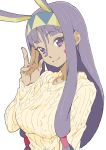  1girl absurdres animal_ears breasts dark_skin donguri_suzume earrings facial_mark fate/grand_order fate_(series) hairband highres jewelry long_hair looking_at_viewer nail_polish nitocris_(fate/grand_order) purple_hair solo sweater violet_eyes white_background 