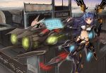  1girl aircraft airplane bangs blue_hair blush breasts closed_mouth cyborg eruthika eyebrows_visible_through_hair factory hand_up highres holding jet long_hair looking_at_viewer mechanical_arm medium_breasts original outdoors red_eyes revealing_clothes science_fiction smile solo 