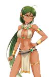  &gt;:) 1girl ahoge arm_at_side armlet armpits bare_shoulders blush bracer breasts cleavage cleavage_cutout clenched_hand closed_mouth collar copyright_request cowboy_shot dark_skin egyptian_clothes emerald gem hair_between_eyes hair_ornament hairclip hand_on_hip highres league_of_legends legs_apart loincloth long_hair looking_away looking_to_the_side low_ponytail medium_breasts nam_(valckiry) navel orange_eyes pelvic_curtain renekton revealing_clothes simple_background skindentation smile standing stomach thigh_strap very_long_hair white_background 